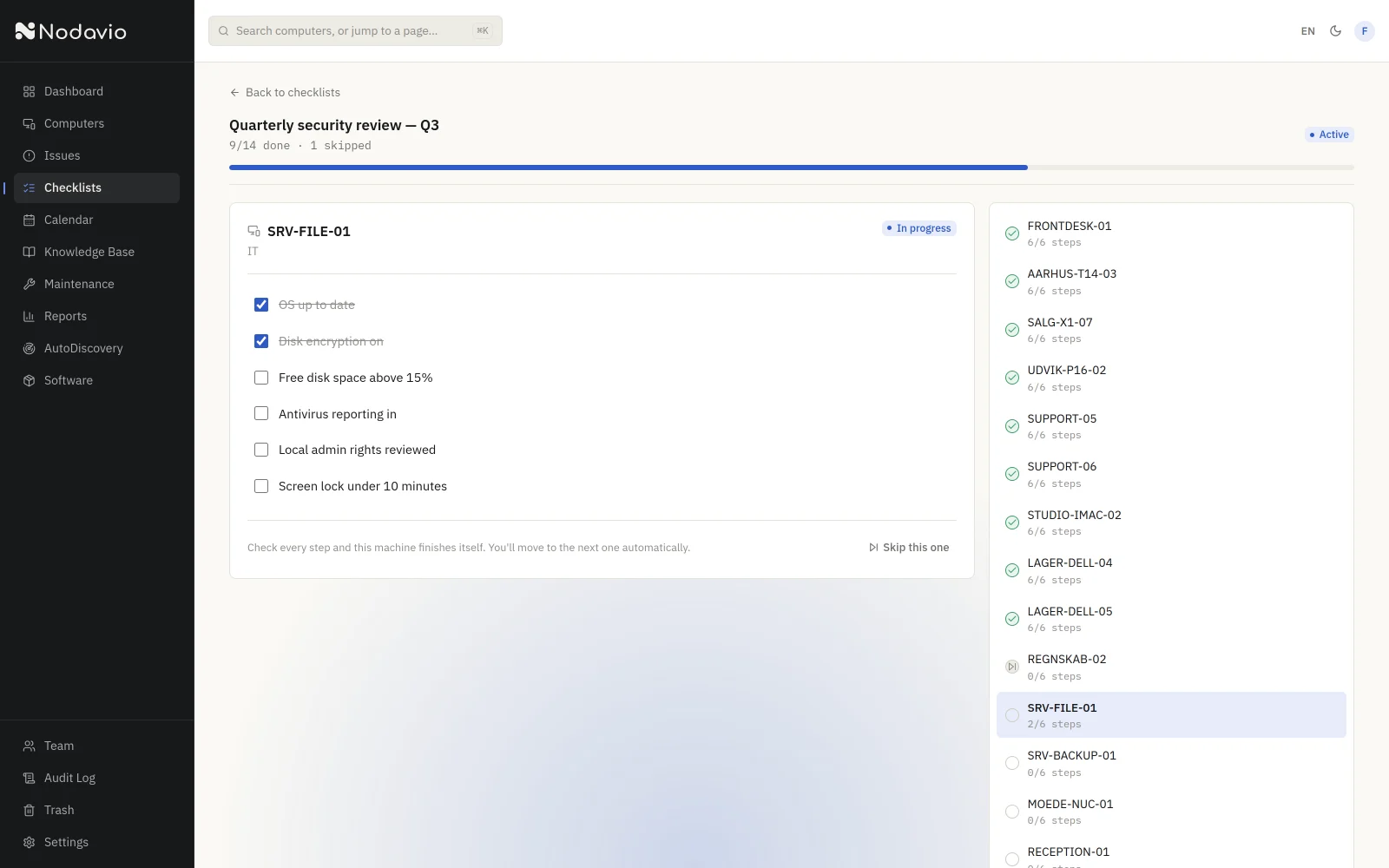 Nodavio maintenance checklist running across multiple computers with automatic advance